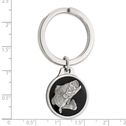 Sterling Silver Rhodium-plated Black Epoxy Bass Fish Keychain