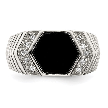 Sterling Silver Rhodium-plated Men's CZ and Onyx Ring
