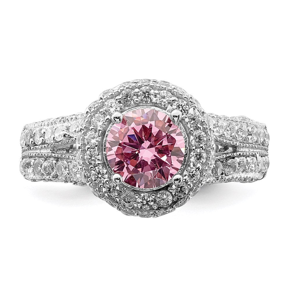 Sterling Silver Rhodium plated 10mm Clear CZ and Pink Heart CZ Ring