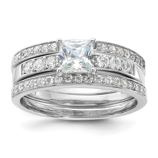 Sterling Silver Rhodium-plated CZ 3 Piece Wedding Set Ring