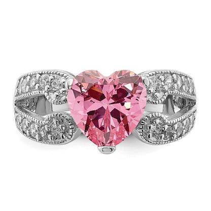 Sterling Silver Rhodium-plated Round Pink and White CZ Ring