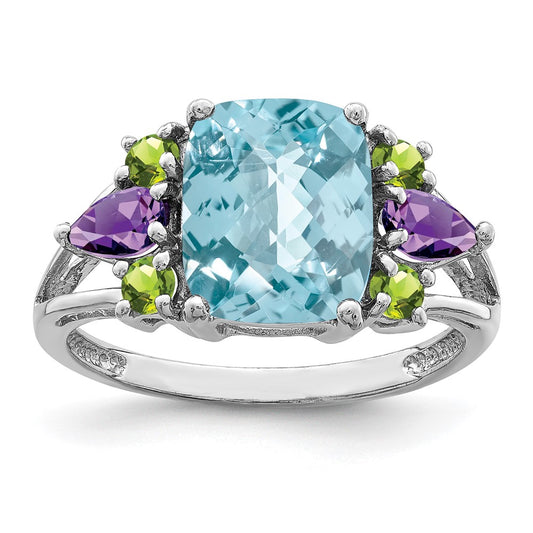 "Sterling Silver Rhodium Light Swiss Blue Topaz, Amethyst & Peridot Ring"
