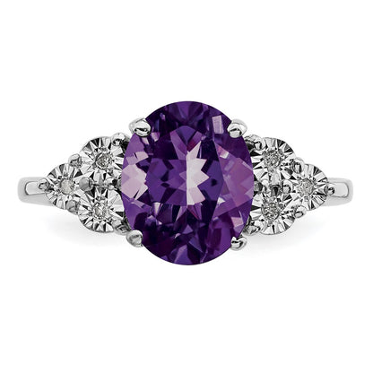 Sterling Silver Rhodium-plated Diamond & Oval Amethyst Ring