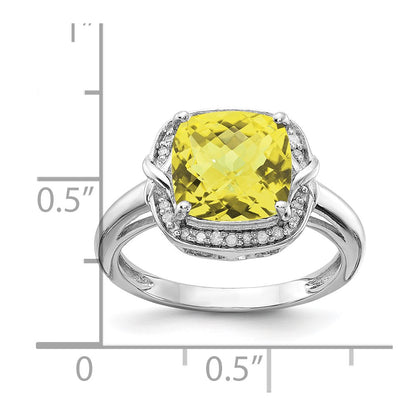 Sterling Silver Rhodium Diam. & Checker-Cut Lemon Quartz Ring