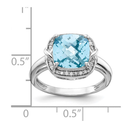 Sterling Silver Rhodium Diam. & Checker-Cut Sky Blue Topaz Ring