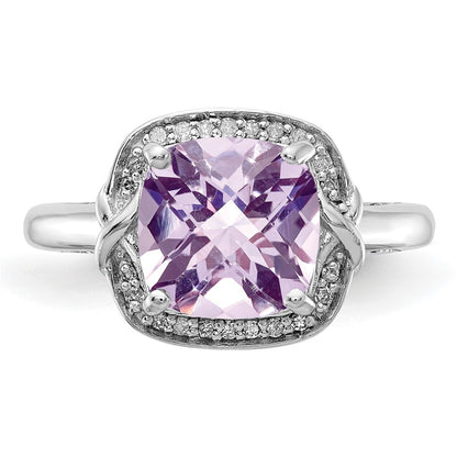 Sterling Silver Rhodium Diam. & Checker-Cut Pink Quartz Ring