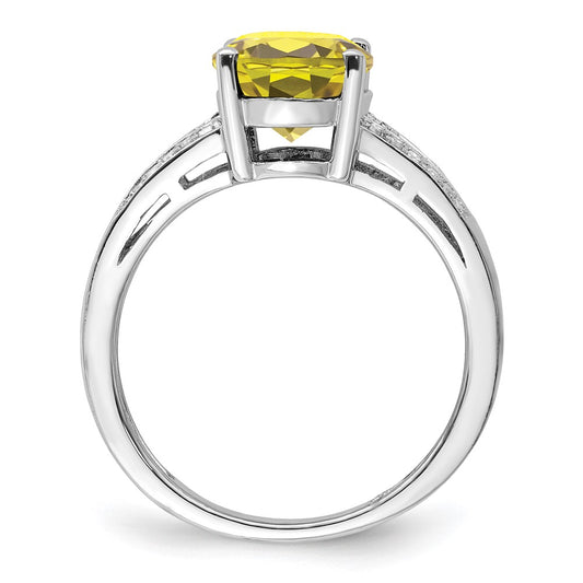 Sterling Silver Rhodium Diam. & Oval Lemon Quartz Ring