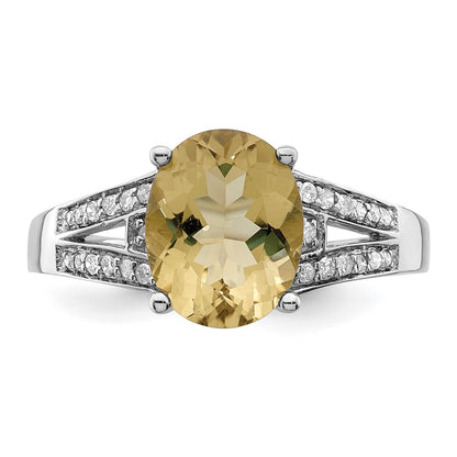 Sterling Silver Rhodium Diam. & Lemon Quartz Ring