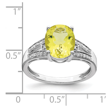 Sterling Silver Rhodium Diam. & Oval Lemon Quartz Ring