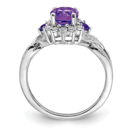 Sterling Silver Rhodium-plated Diamond & Oval Amethyst Ring