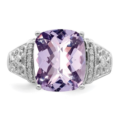 Sterling Silver Rhodium Diam. & Checker-Cut Pink Quartz Ring