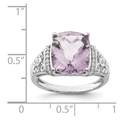 Sterling Silver Rhodium Diam. & Checker-Cut Pink Quartz Ring