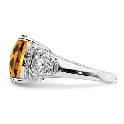 Sterling Silver Rhodium Diam. & Checker-Cut Whiskey Quartz Ring