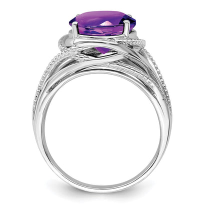 Sterling Silver Rhodium-plated Oval Amethyst Ring