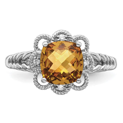 Sterling Silver Rhodium Checker-Cut Whiskey Quartz & Diam. Ring