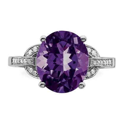 Sterling Silver Rhodium-plated Oval Amethyst & Diamond Ring