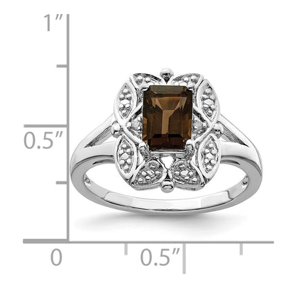 Sterling Silver Rhodium Diam. & Smoky Quartz Ring
