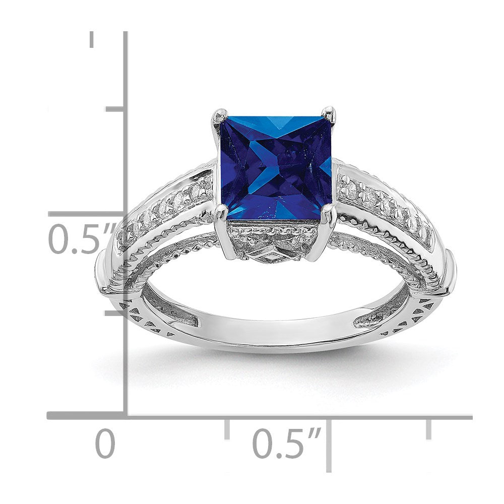 Sterling Silver Rhodium-plated Synthetic Blue Sapphire and CZ Ring