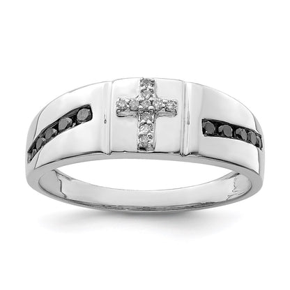 Sterling Silver Rhodium Plated Black and White Diam. Cross Men's Ring