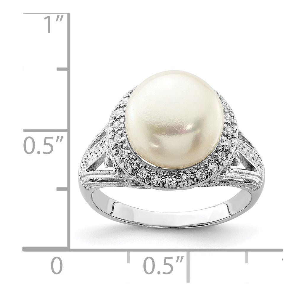 Sterling Silver Rhodium-plated 10-11mm White Button Freshwater Cultured Pearl and CZ Ring
