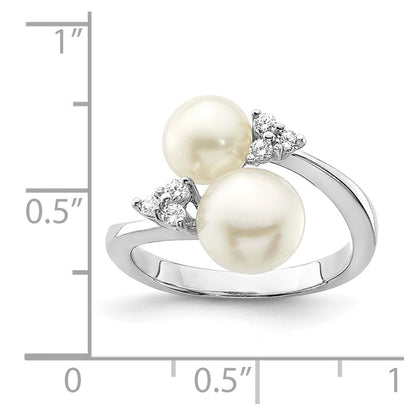 Sterling Silver Rhodium-plated 8-9mm White Button Freshwater Cultured Pearl and CZ Ring