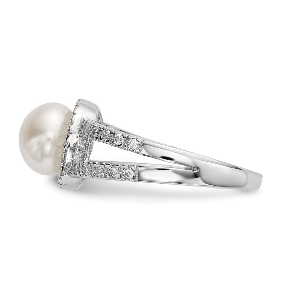 Sterling Silver Rhodium-plated 7-8mm White Button Freshwater Cultured Pearl and CZ Ring