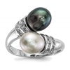 Sterling Silver Rhodium-plated 7-8mm Black and Grey Rice Freshwater Cultured Pearl and CZ Ring