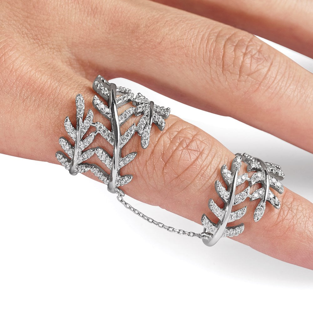 Sterling Silver Rhodium-plated CZ Leaf with Extender Ring