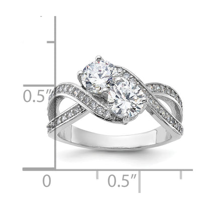 Sterling Silver Rhodium-plated CZ Two Stone Polished Ring