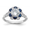 Sterling Silver Rhodium-plated CZ and Lab Cr. Blue Sapphire Flower Ring