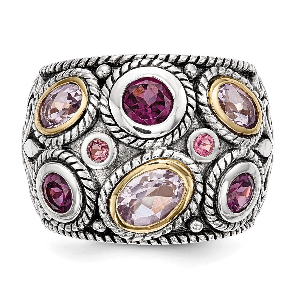 Sterling Silver Rhod w/14k Pink Qrtz Rhodolite GA & Pink Tourmaline Ring
