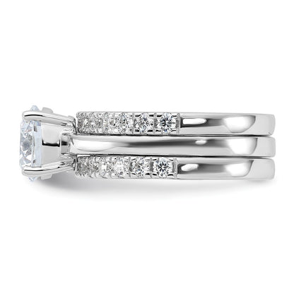 Sterling Silver Rhodium-plated 8mm CZ Solitaire & 2 CZ Bands Set
