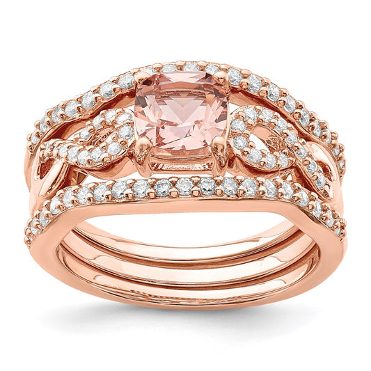 Sterling Silver Rose-tone 3 Piece Pink Crystal & CZ Ring Set