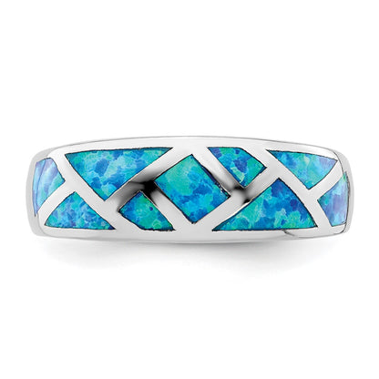 Sterling Silver Rhodium-plated Geometric Lab Created Blue Opal Ring