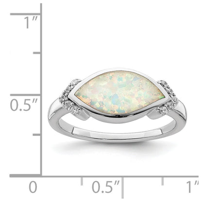 Sterling Silver Rhodium-plated Marquise Lab Created Opal & CZ Ring