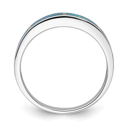 Sterling Silver Rhodium-plated Lab Created Blue Opal Inlay Band