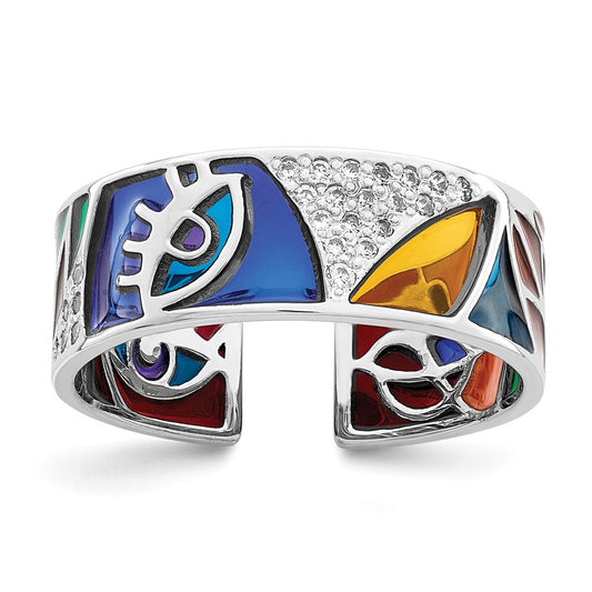 Sterling Silver Rhodium-plated Abstract Multi-color Enamel & CZ Cuff Ring