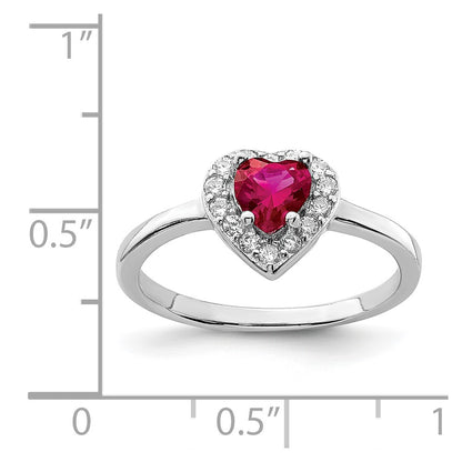 Sterling Silver Rhodium-plated Lab Cr Corundum & CZ Heart Ring