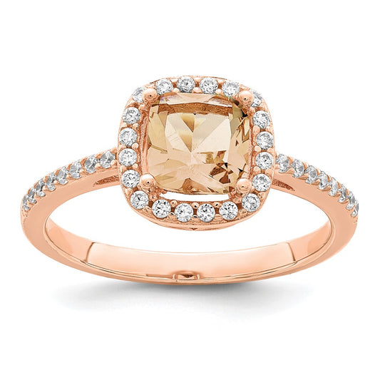 Sterling Silver Rose-tone Square Peach CZ Halo Ring