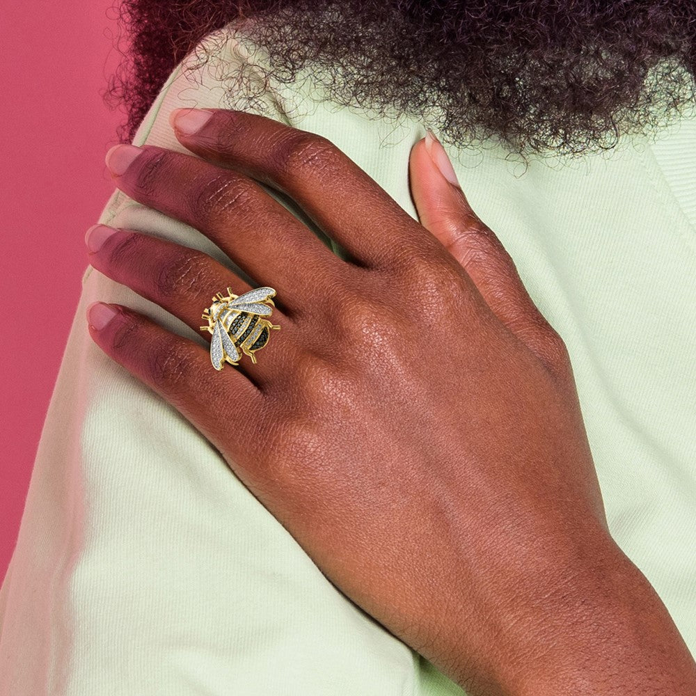 Sterling Silver Blk/White RH-plated Gold-tone CZ Bumblebee Ring