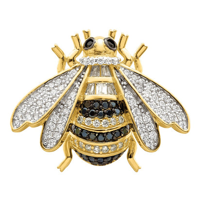 Sterling Silver Blk/White RH-plated Gold-tone CZ Bumblebee Ring
