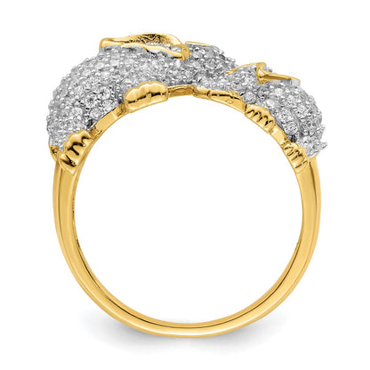 Sterling Silver Rhodium-plated Gold-tone Mom & Baby CZ Elephants Ring