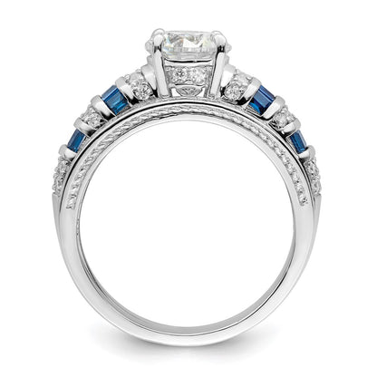 Sterling Silver Rh-plated Polished Blue & White CZ Engagement & Band Ring