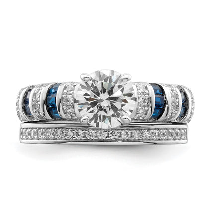 Sterling Silver Rh-plated Polished Blue & White CZ Engagement & Band Ring