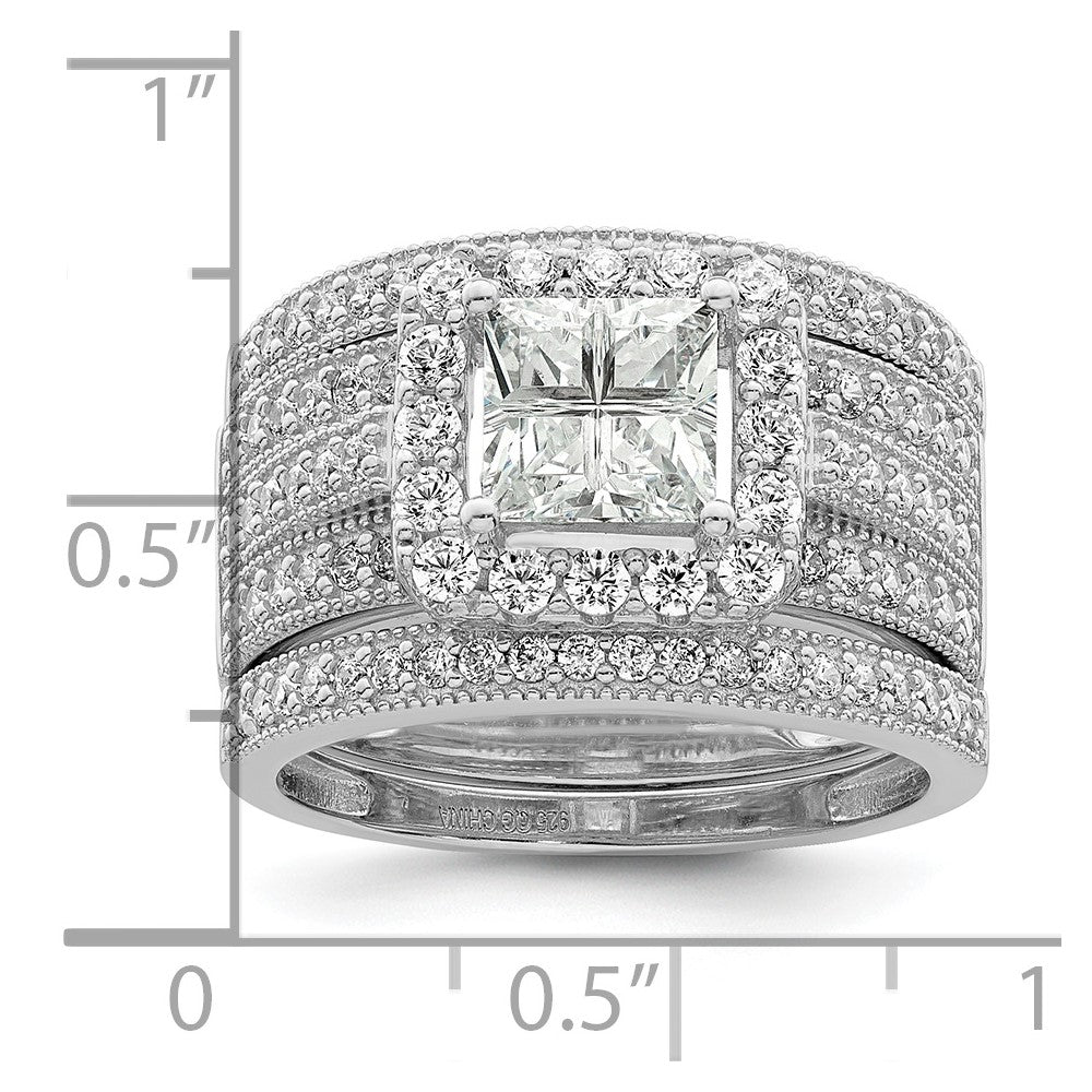 Sterling Silver Rhodium plated CZ 3 piece Bridal Ring Set