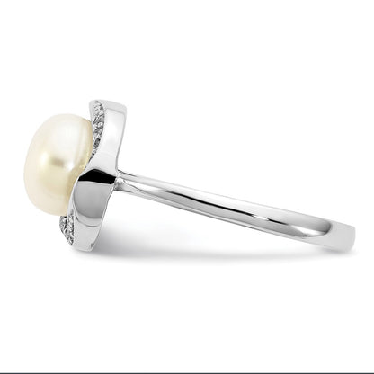 Sterling Silver Rhodium-plated 7-8mm Button White Freshwater Cultured Pearl and CZ Ring