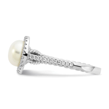 Sterling Silver Rhodium-plated 7-8mm Button White Freshwater Cultured Pearl and CZ Ring