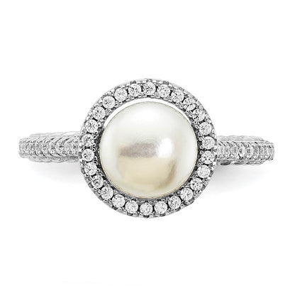 Sterling Silver Rhodium-plated 7-8mm Button White Freshwater Cultured Pearl and CZ Ring