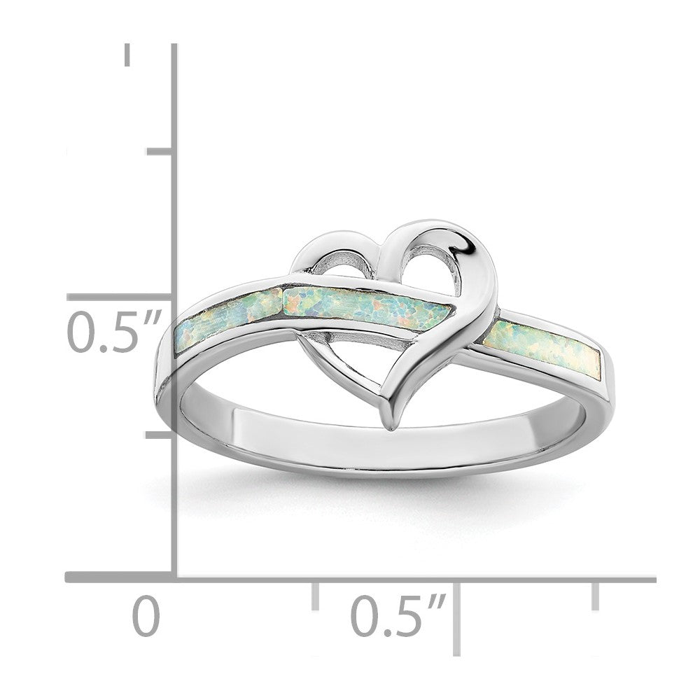 Sterling Silver Rhodium-plated White Created Opal Inlay Heart Ring