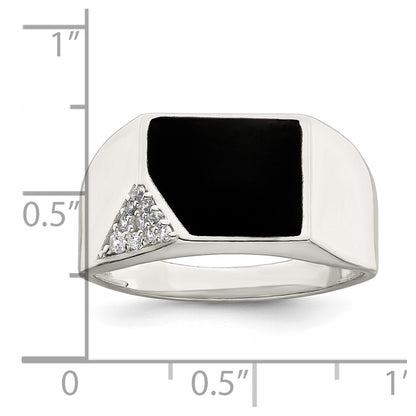 Sterling Silver Black Enameled and CZ Mens Ring